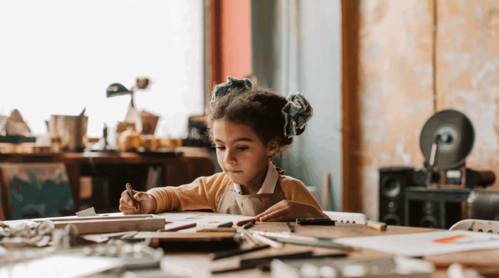 child holding a crayon and draw