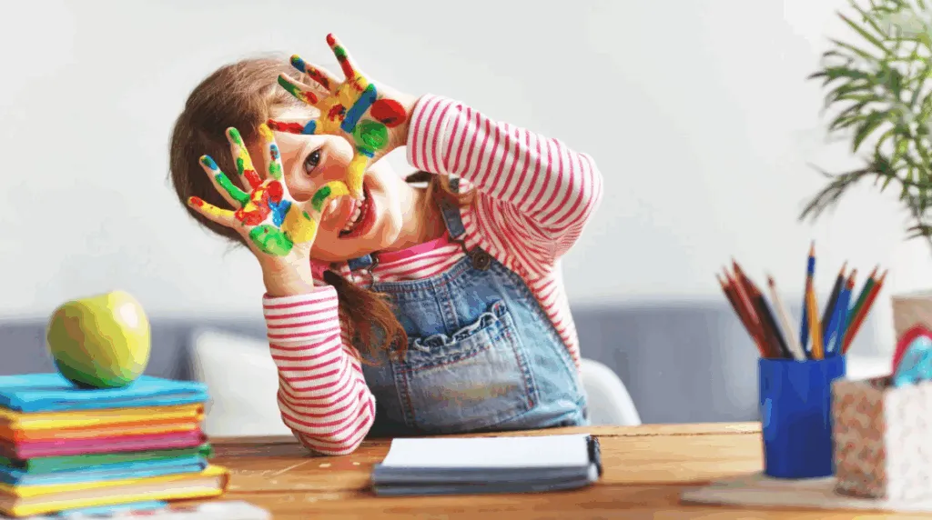 little girl proudly exhibit her finger full of paint